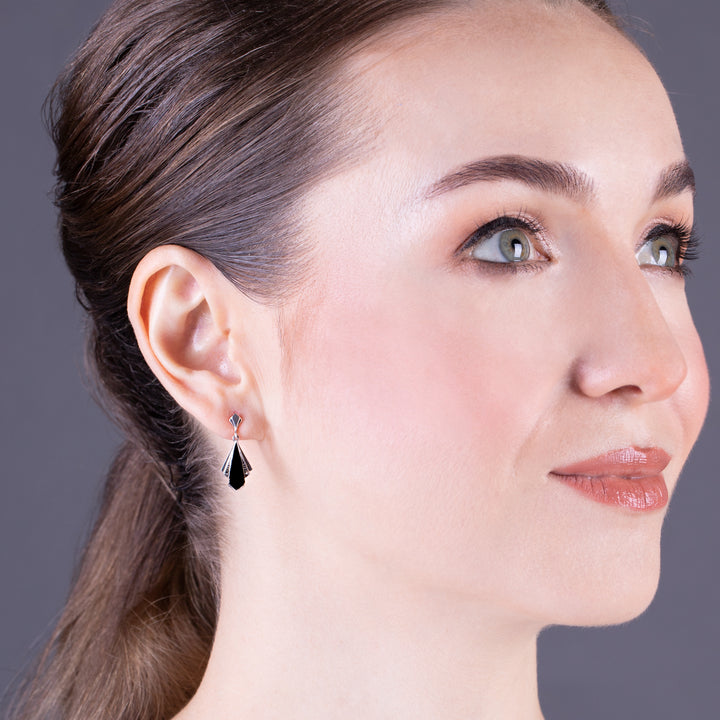 Aretes colgantes estilo art déco de ónix negro y marcasita en forma de abanico en plata de ley 925