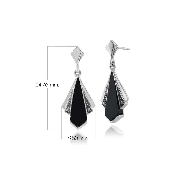 Aretes colgantes estilo art déco de ónix negro y marcasita en forma de abanico en plata de ley 925