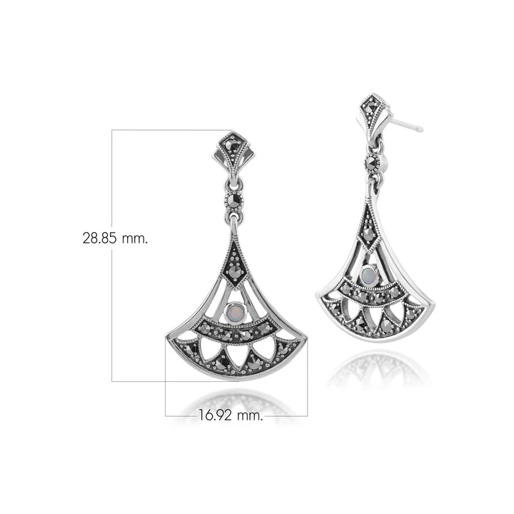 Aretes colgantes estilo art déco redondos de ópalo redondo y marcasita en forma de abanico en plata de ley 925