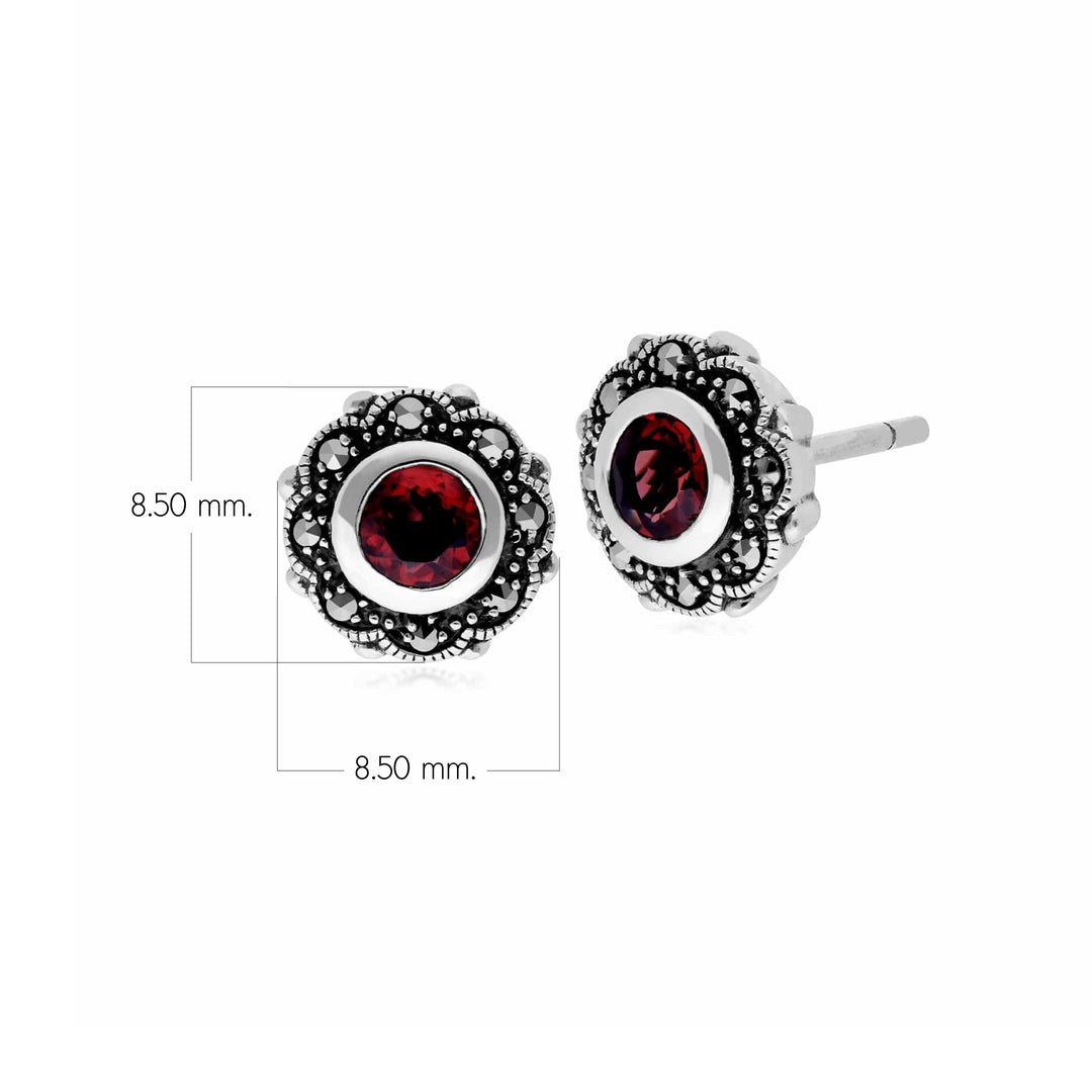 Aretes redondos estilo Art Nouveau con flores de granate y marcasita en plata de ley 925