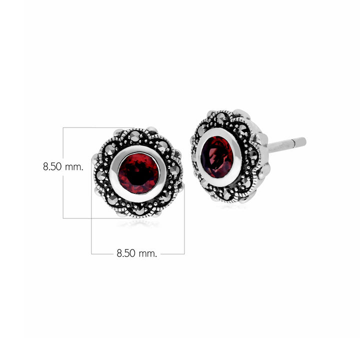 Aretes redondos estilo Art Nouveau con flores de granate y marcasita en plata de ley 925