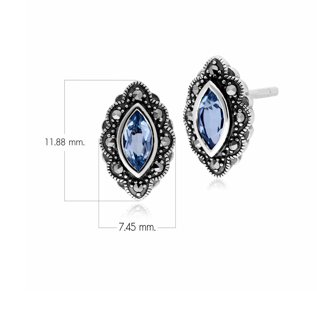 Aretes estilo art nouveau con topacio azul marquesita y marcasita en plata de ley 925
