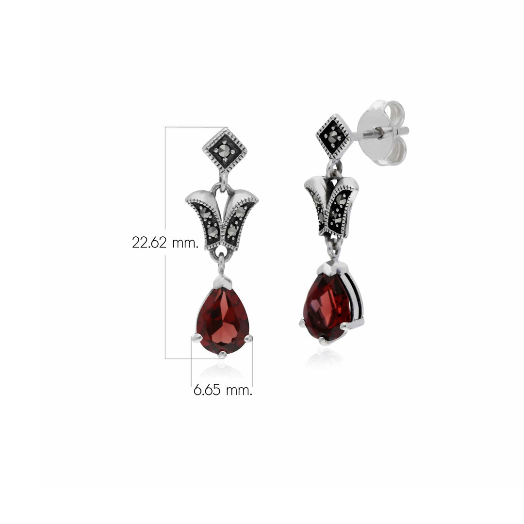 Aretes colgantes estilo Art Nouveau con granate pera y marcasita en plata de ley 925