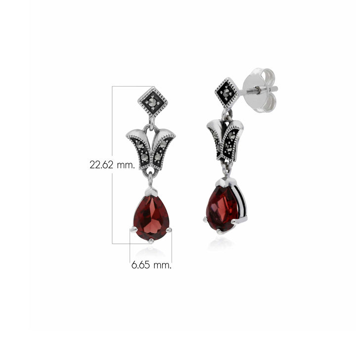 Aretes colgantes estilo Art Nouveau con granate pera y marcasita en plata de ley 925