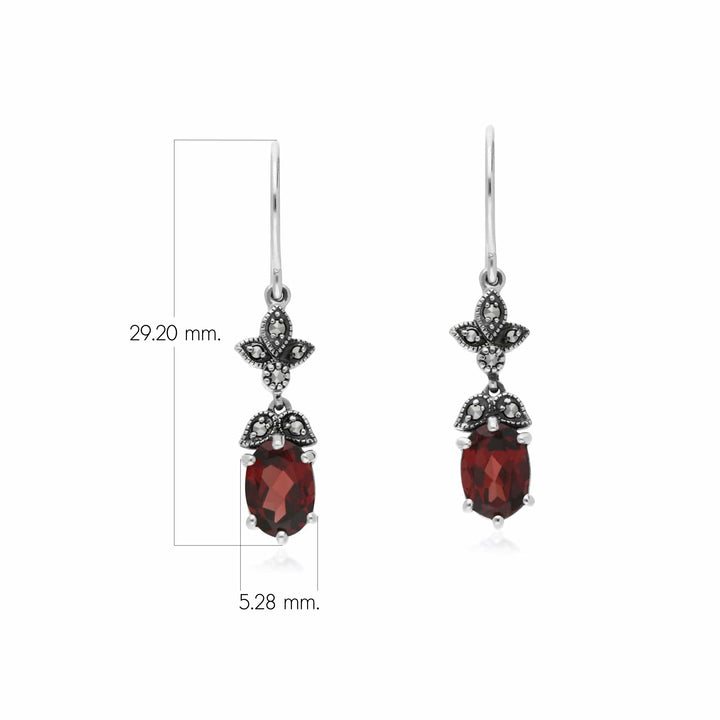 Aretes colgantes estilo Art Nouveau con granate ovalado y marcasita en plata de ley 925