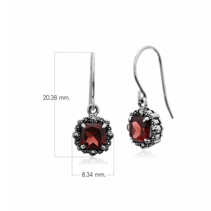 Aretes colgantes estilo art déco con granate cojín cuadrado y marcasita en plata de ley 925