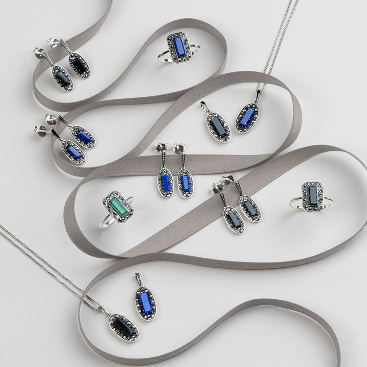 Pendientes colgantes de estilo Art Déco con ónix ovalado, marcasita y esmalte negro en plata de ley
