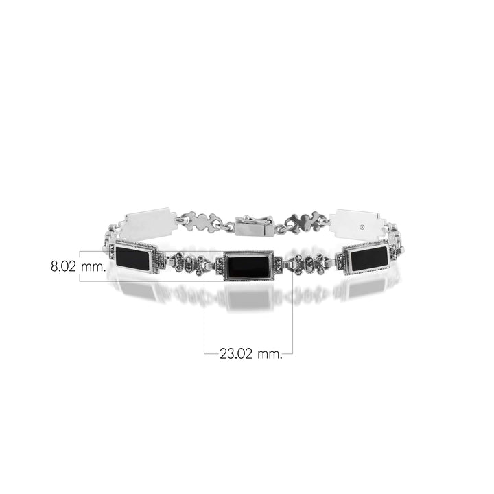 Brazalete rectangular estilo Art Déco con ónix negro y marcasita