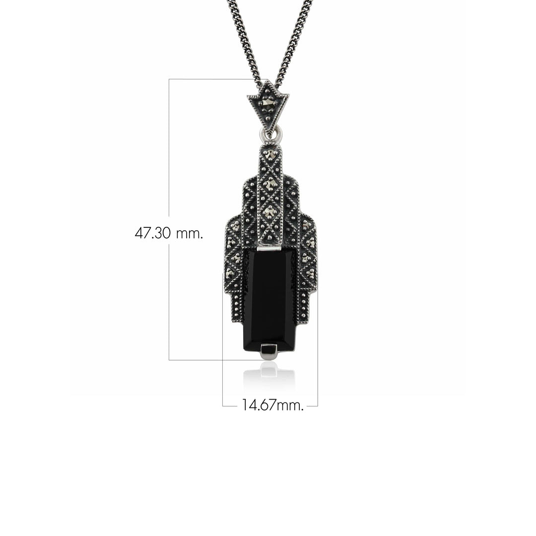 Collar de marcasita y cabujón de ónix negro rectangular estilo Art Déco en plata de ley