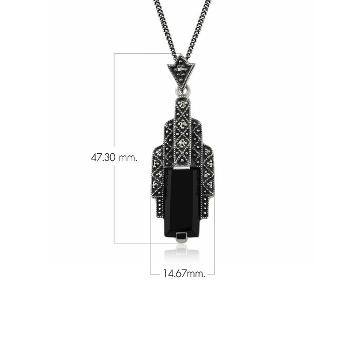 Collar de marcasita y cabujón de ónix negro rectangular estilo Art Déco en plata de ley