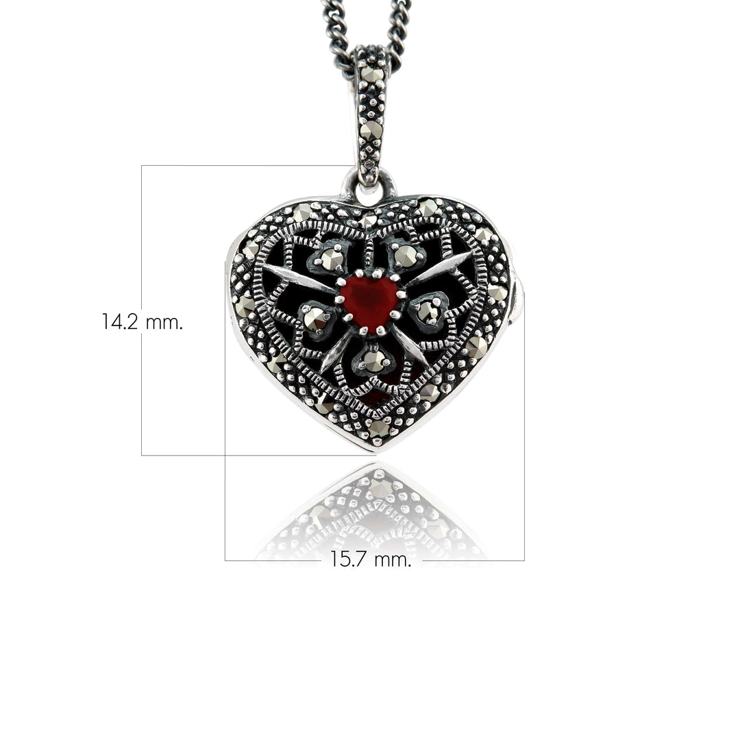 Collar estilo Art Nouveau con granate redondo y corazón de marcasita en plata de ley 925