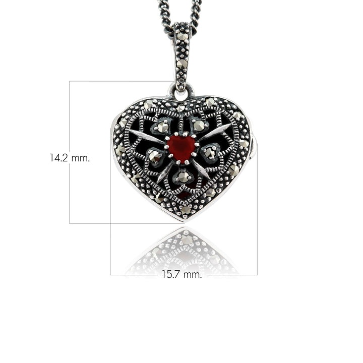 Collar estilo Art Nouveau con granate redondo y corazón de marcasita en plata de ley 925