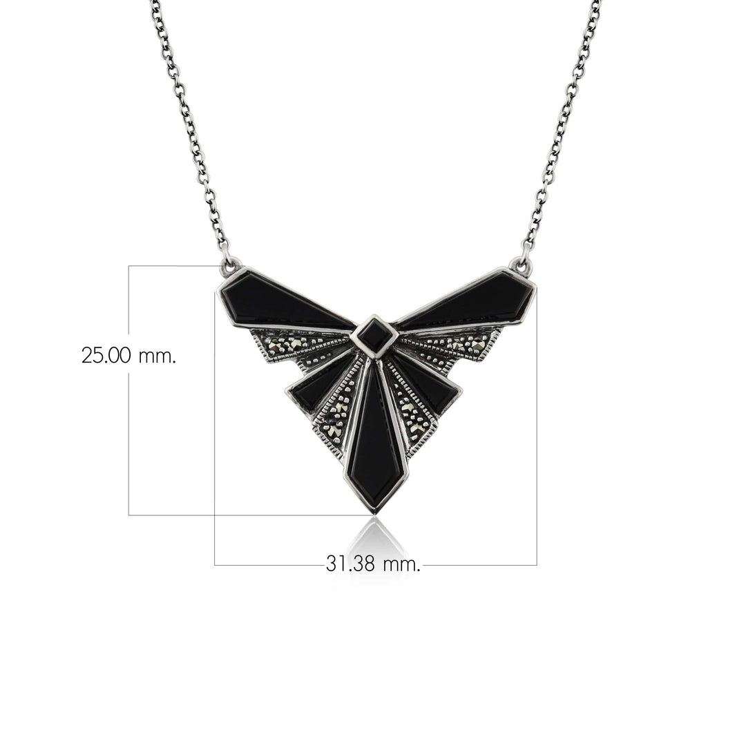 Collar estilo Art Déco con cabujón de ónix negro y marcasita en plata de ley 925