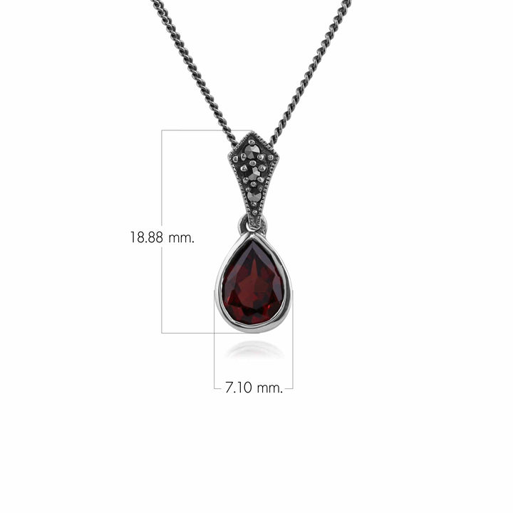 Colgante estilo Art Déco con granate pera ovalado y marcasita en plata de ley 925