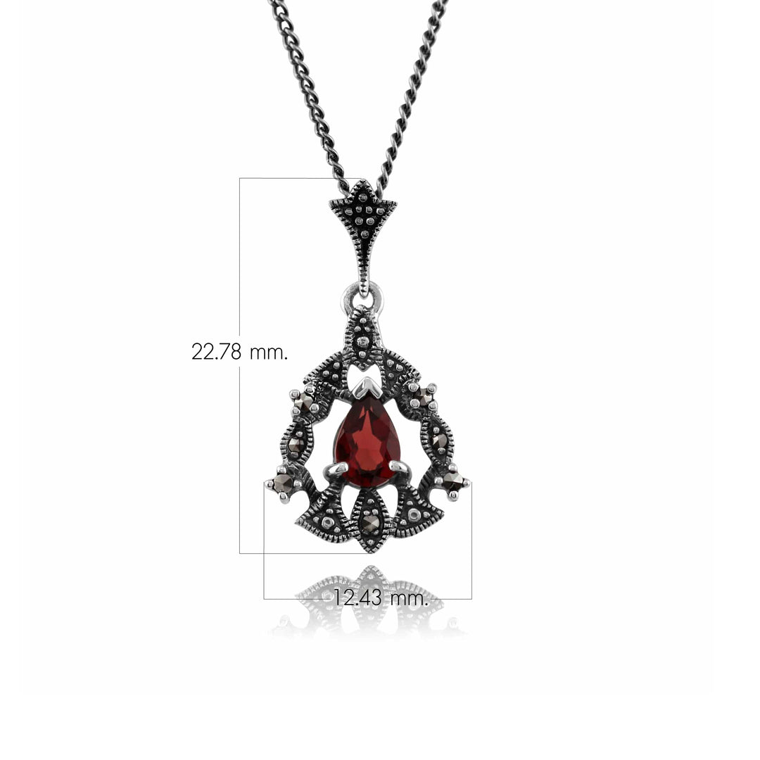 Colgante de guirnalda de marcasita y granate pera estilo Art Nouveau en plata