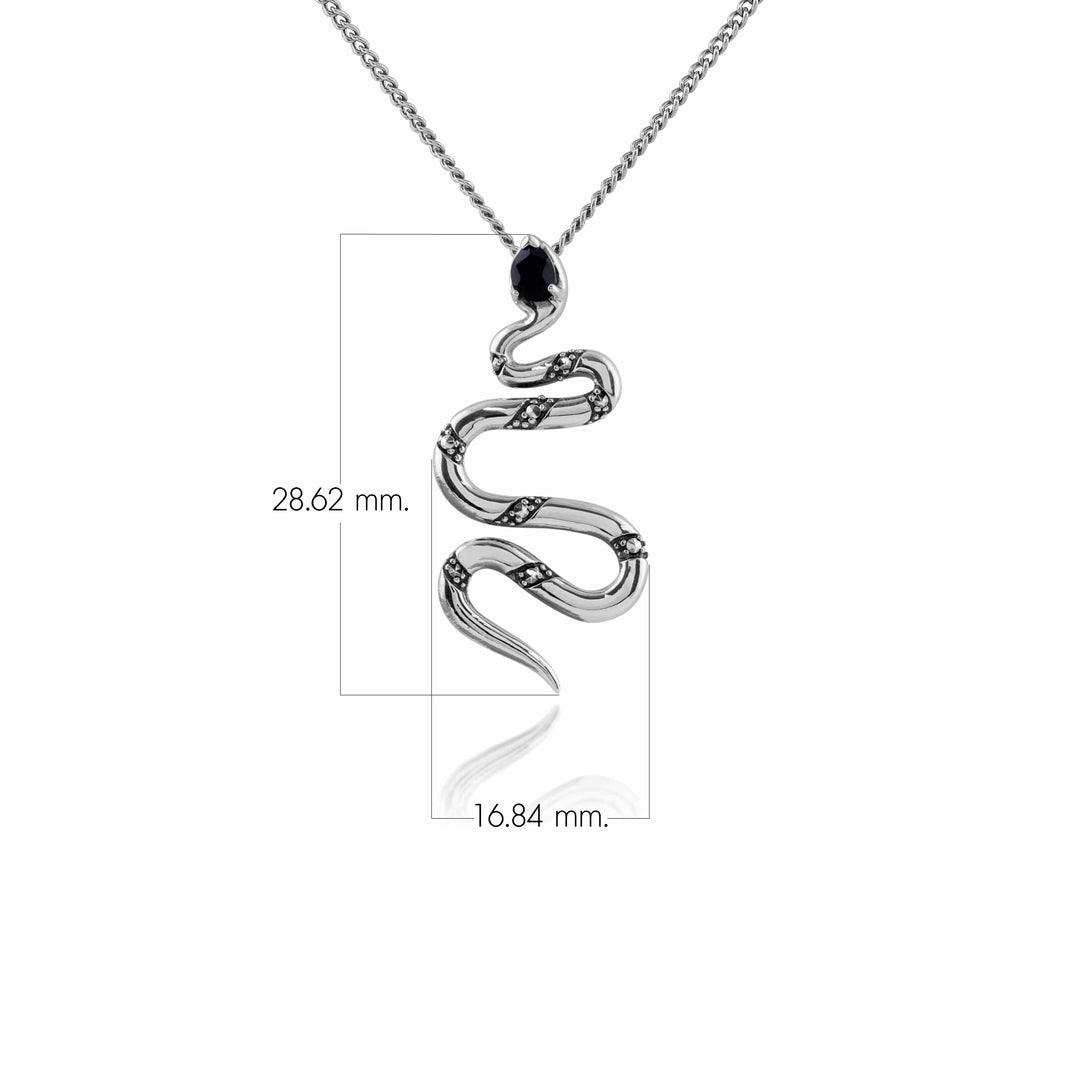 Collar estilo Art Déco con pera, espinela negra y serpiente de marcasita en plata de ley 925