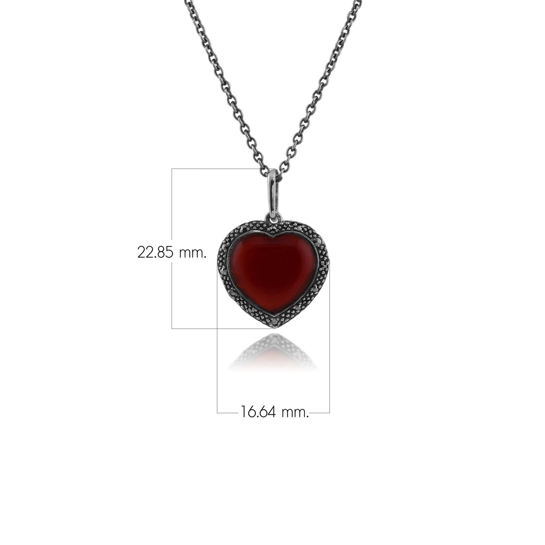 Colgante de corazón estilo Art Déco con cornalina y marcasita Halo Love Heart en plata de ley 925