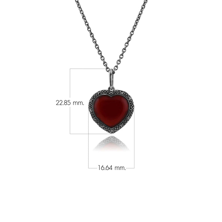 Colgante de corazón estilo Art Déco con cornalina y marcasita Halo Love Heart en plata de ley 925