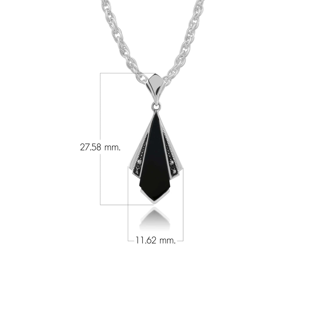 Colgante en forma de abanico estilo art déco con ónix negro y marcasita en plata de ley 925