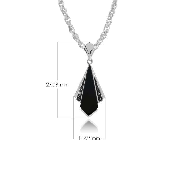 Colgante en forma de abanico estilo art déco con ónix negro y marcasita en plata de ley 925
