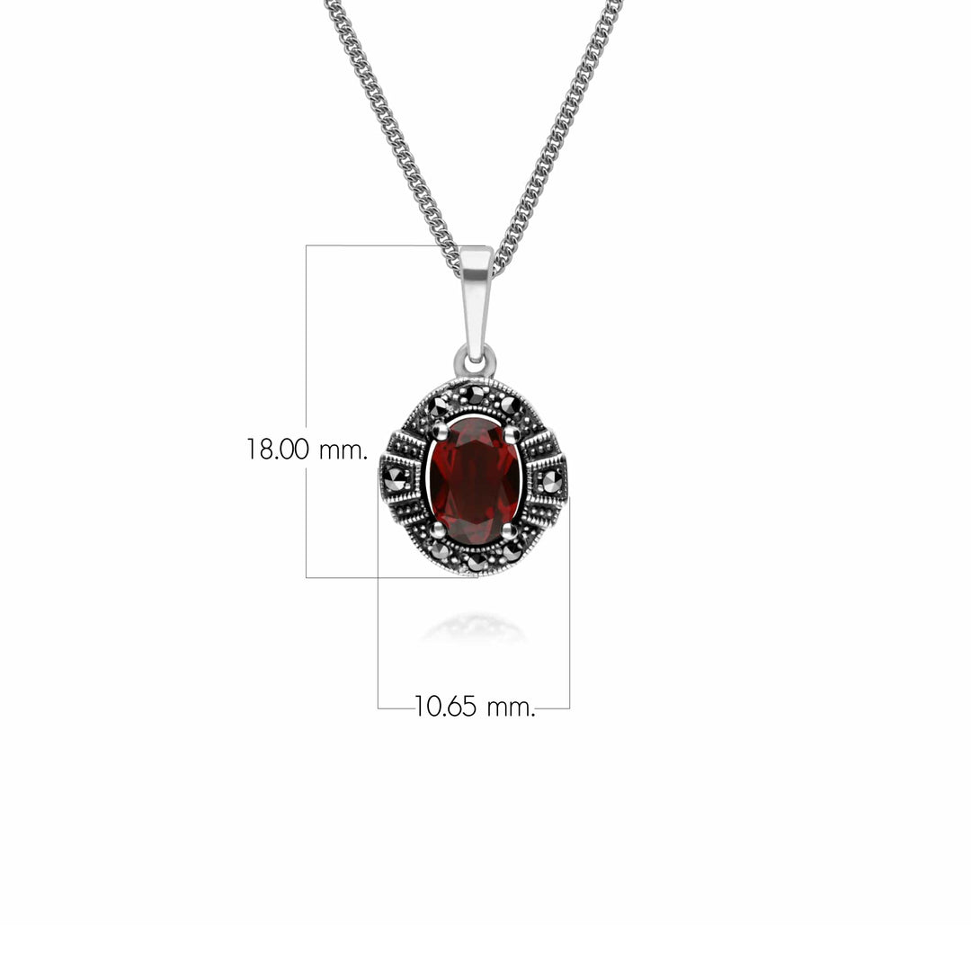 Colgante estilo Art Déco con granate ovalado y halo de marcasita en plata de ley 925