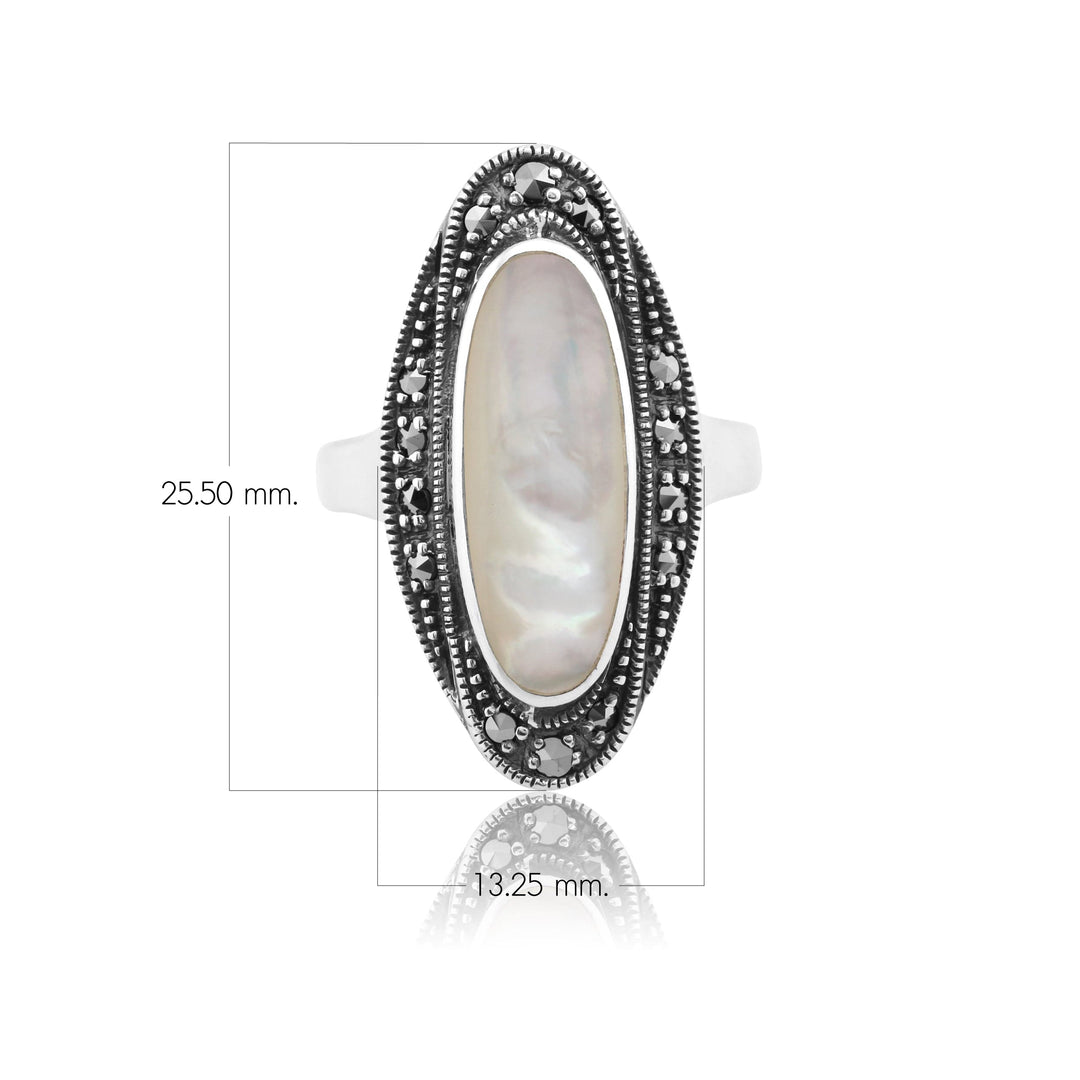 Anillo estilo art déco con cabujón de nácar y marcasita en plata de ley 925
