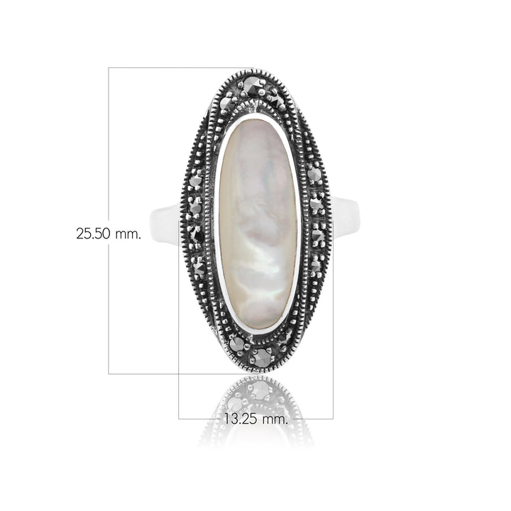 Anillo estilo art déco con cabujón de nácar y marcasita en plata de ley 925