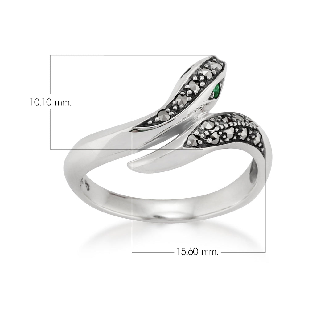 Anillo de serpiente de marcasita y esmeralda redonda estilo Art Nouveau en plata de ley 925