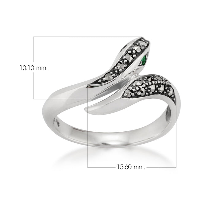 Anillo de serpiente de marcasita y esmeralda redonda estilo Art Nouveau en plata de ley 925