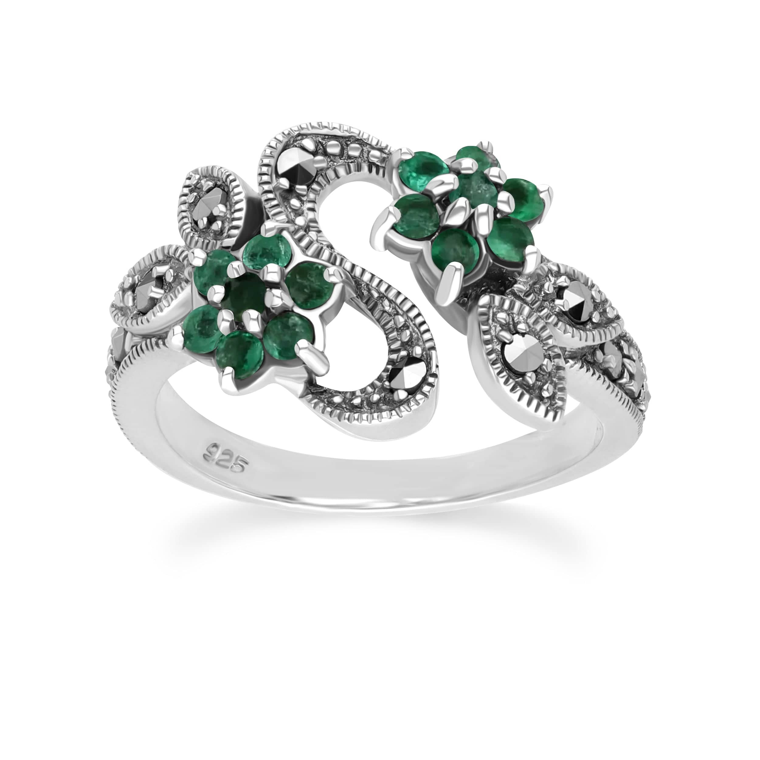 214R247402925 Art Nouveau Style Round Emerald & Marcasite Flower Ring in Sterling Silver 1