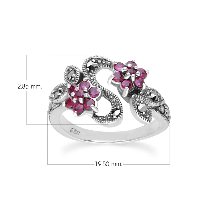 Anillo de flor de marcasita y rubí redondo estilo Art Nouveau en plata de ley