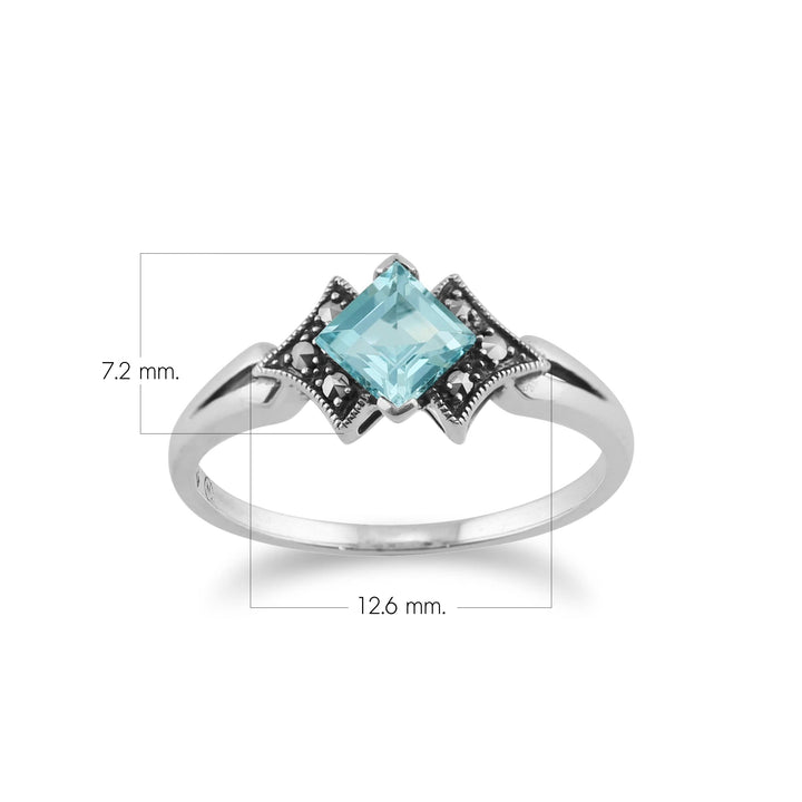 Anillo cuadrado estilo Art Deco con topacio azul y marcasita en plata de ley 925