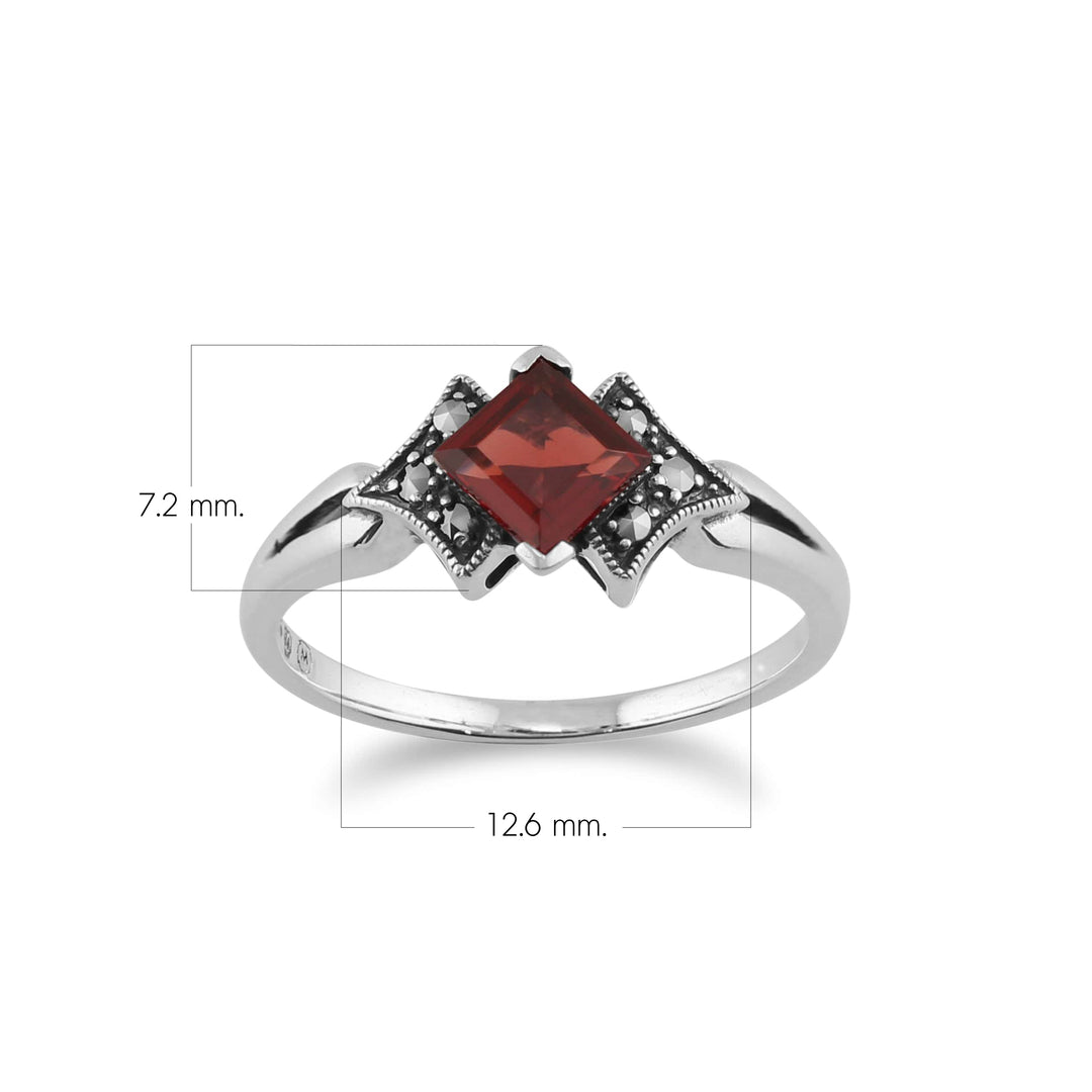Anillo estilo Art Déco con granate cuadrado y marcasita en plata de ley 925