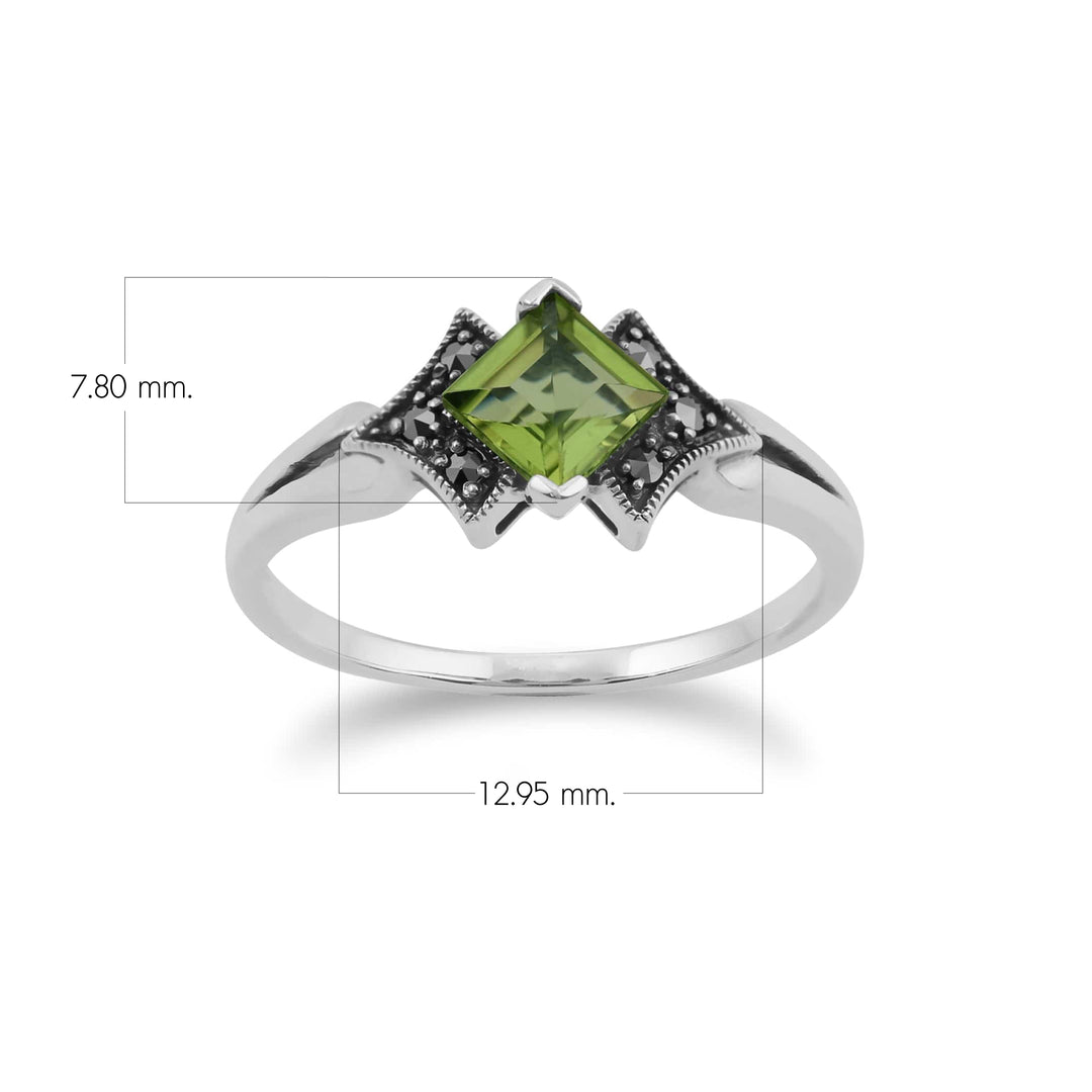 Anillo cuadrado de peridoto y marcasita estilo Art Deco en plata de ley 925