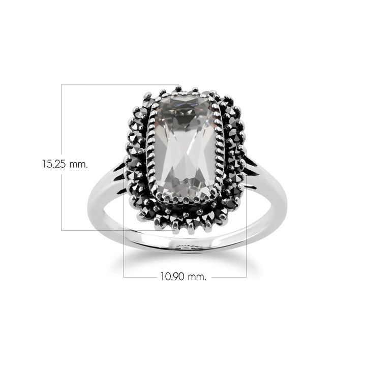 Anillo estilo art déco con cristales de roca y halo de marcasita en plata