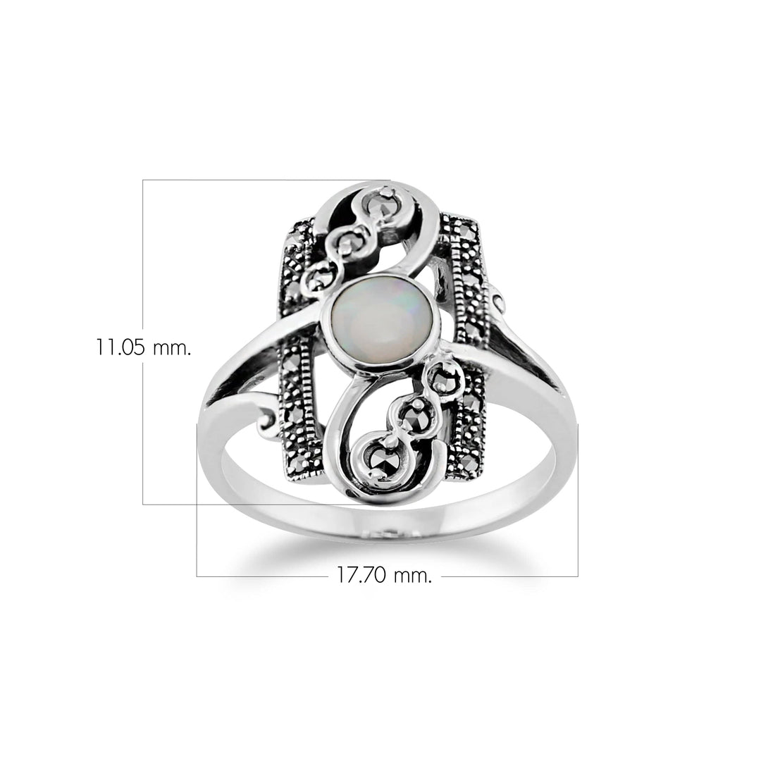 Anillo de plata con marco espiral de marcasita y ópalo redondo estilo Art Nouveau