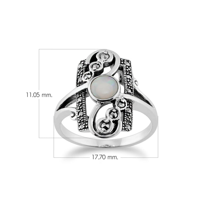 Anillo de plata con marco espiral de marcasita y ópalo redondo estilo Art Nouveau