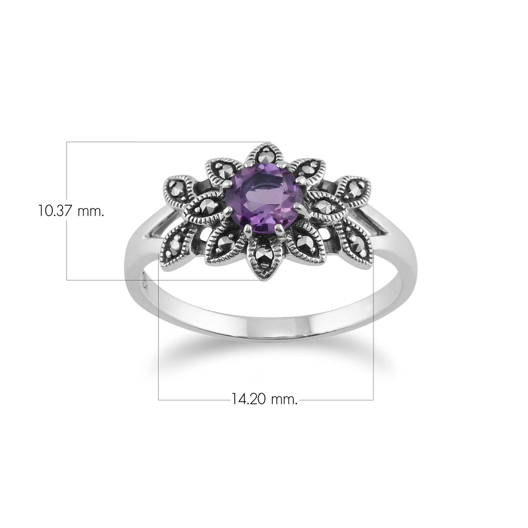 Anillo floral redondo de amatista y marcasita estilo Art Nouveau en plata de ley 925
