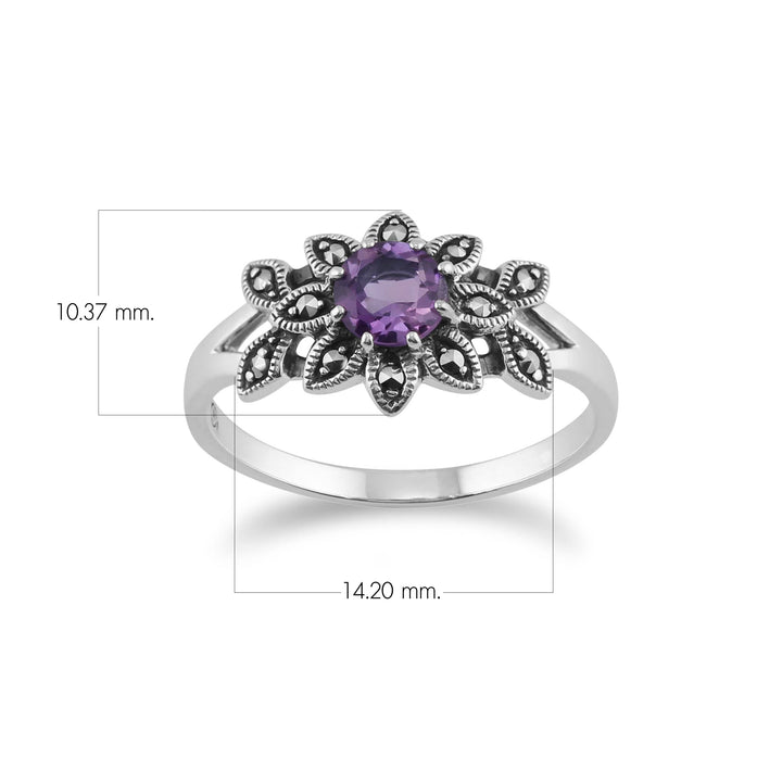 Anillo floral redondo de amatista y marcasita estilo Art Nouveau en plata de ley 925