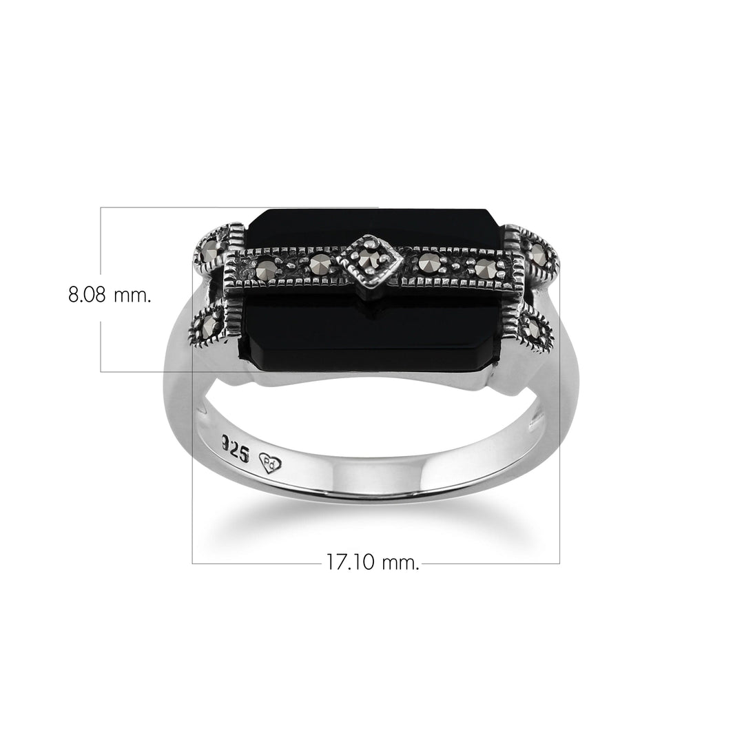 Anillo estilo Art Déco con barra rectangular de ónix negro y marcasita en plata de ley 925