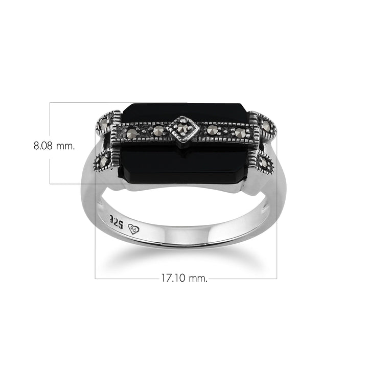 Anillo estilo Art Déco con barra rectangular de ónix negro y marcasita en plata de ley 925