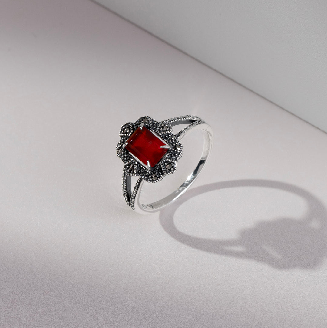 Anillo de cornalina y marcasita estilo baguette estilo Art Deco en plata de ley 925