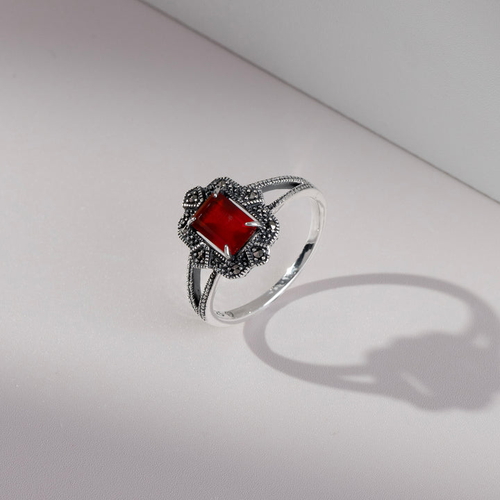 Anillo de cornalina y marcasita estilo baguette estilo Art Deco en plata de ley 925