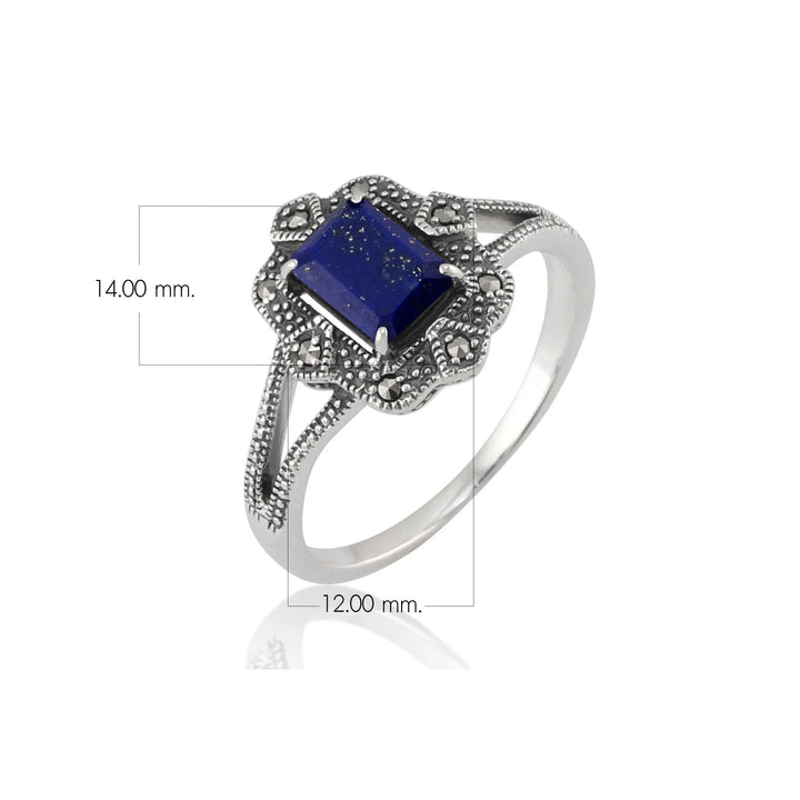 Anillo estilo Art Déco con lapislázuli y marcasita baguette en plata de ley 925