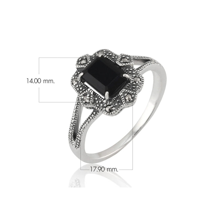 Anillo estilo Art Déco con espinela negra baguette y marcasita en plata