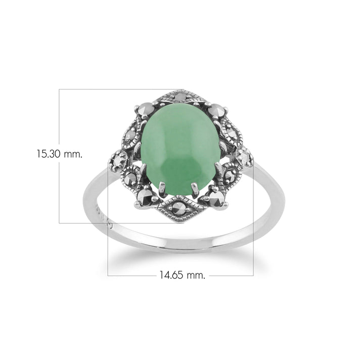 Anillo llamativo estilo Art Nouveau con jade verde ovalado y marcasita