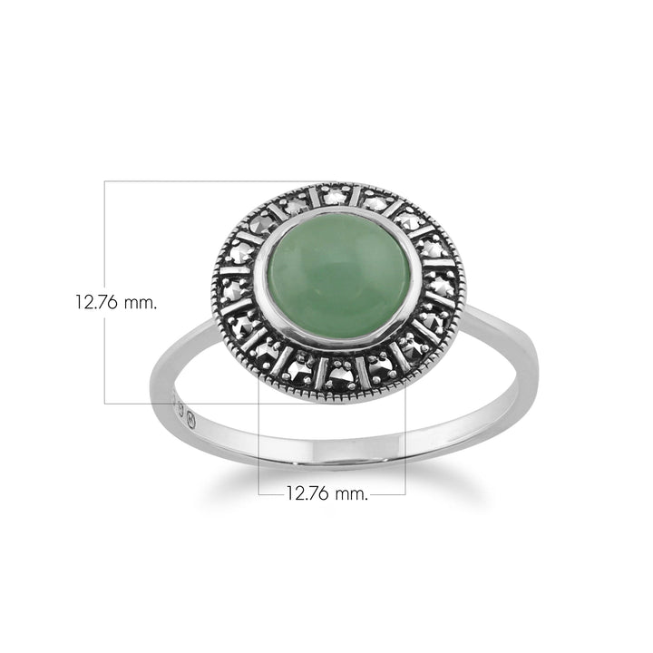 Anillo redondo estilo Art Deco con cabujón de jade verde y halo de marcasita en plata de ley 925