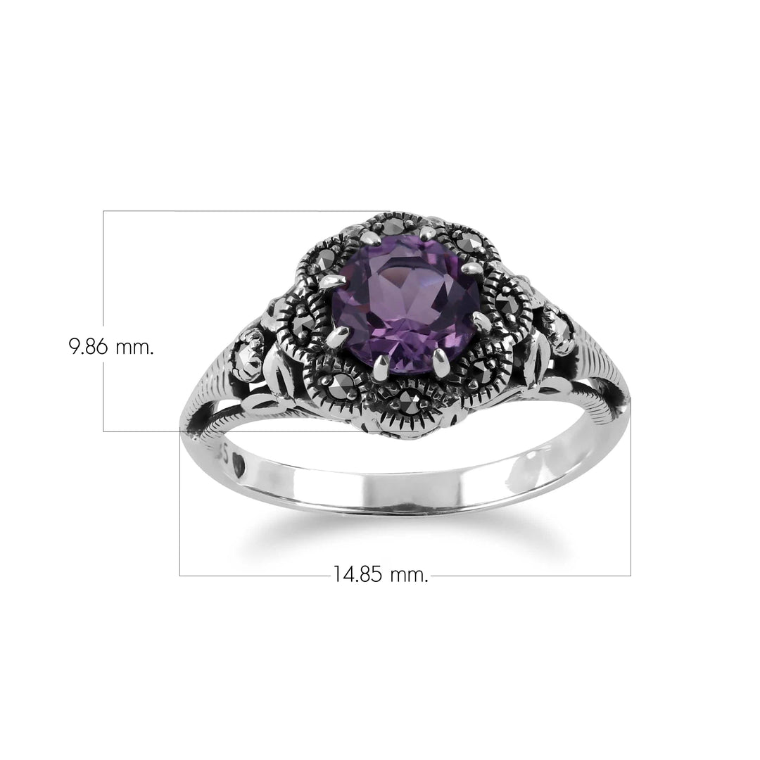 Anillo floral redondo de amatista y marcasita estilo Art Nouveau en plata de ley