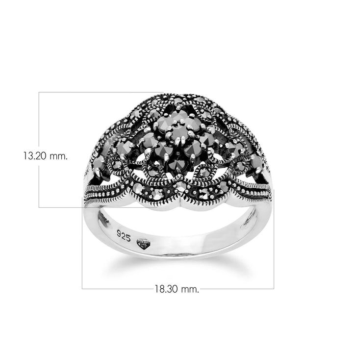 Anillo de racimo redondo de marcasita estilo Art Nouveau en plata de ley 925