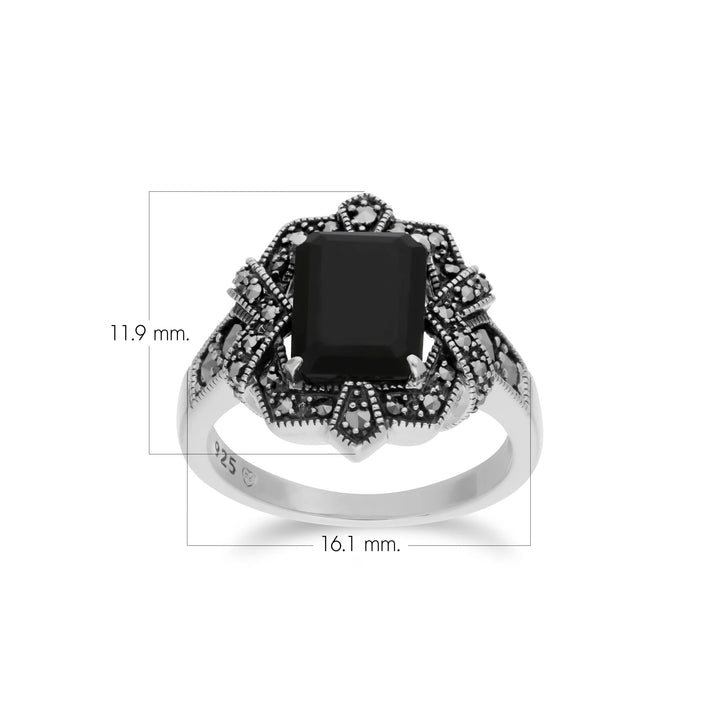 Anillo baguette estilo art déco con ónix negro y marcasita en plata de ley 925